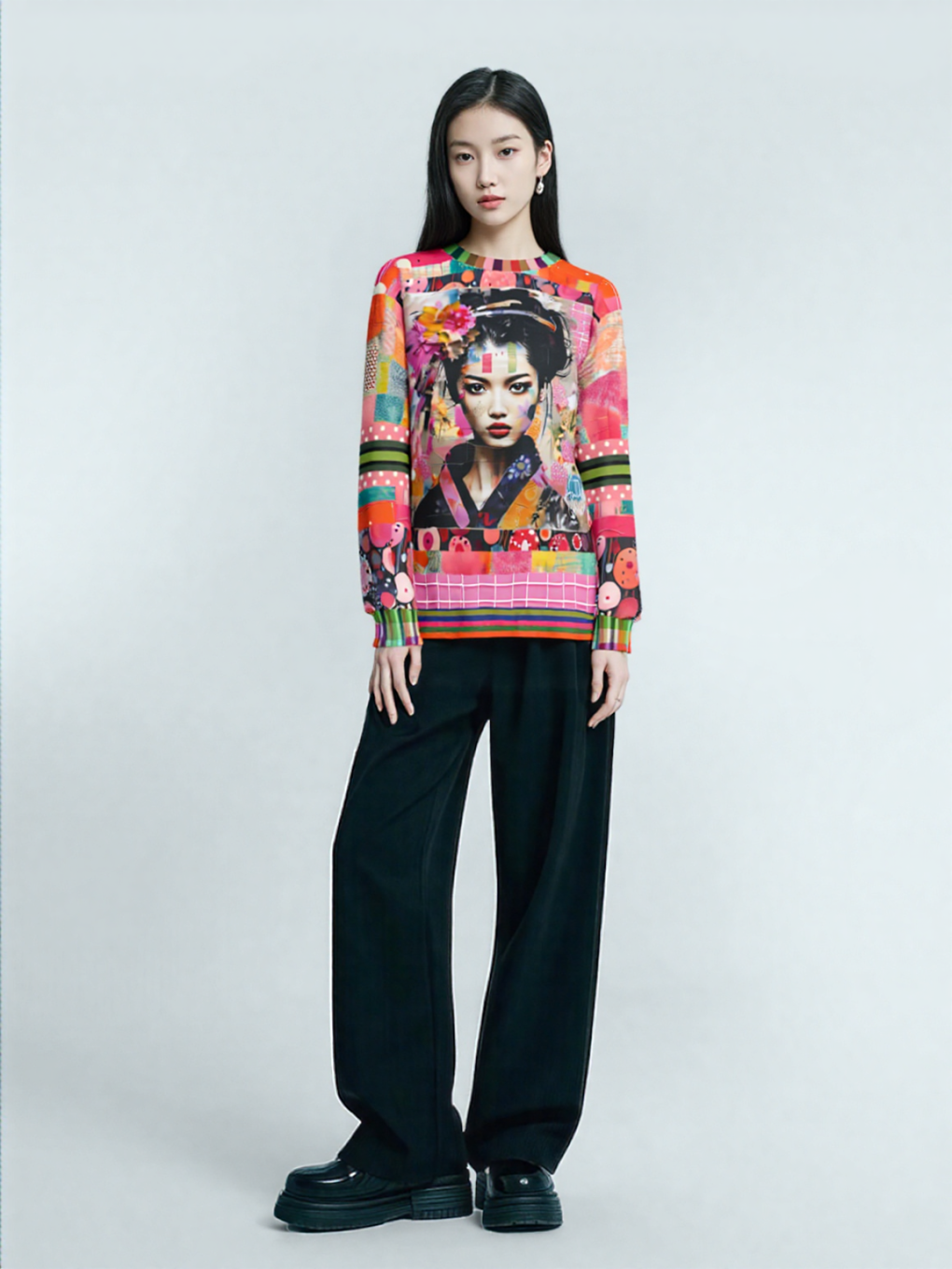 China Girl in Pink Mixed Media Patchwork Print Unisex Sweatshirt (Gold Label)