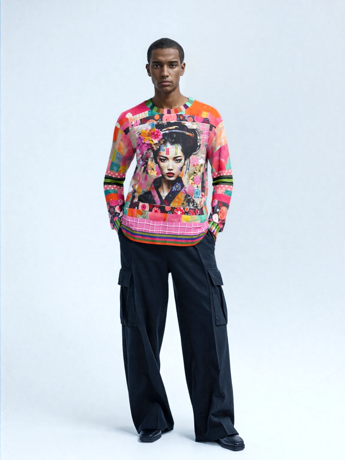 China Girl in Pink Mixed Media Patchwork Print Unisex Sweatshirt (Gold Label)