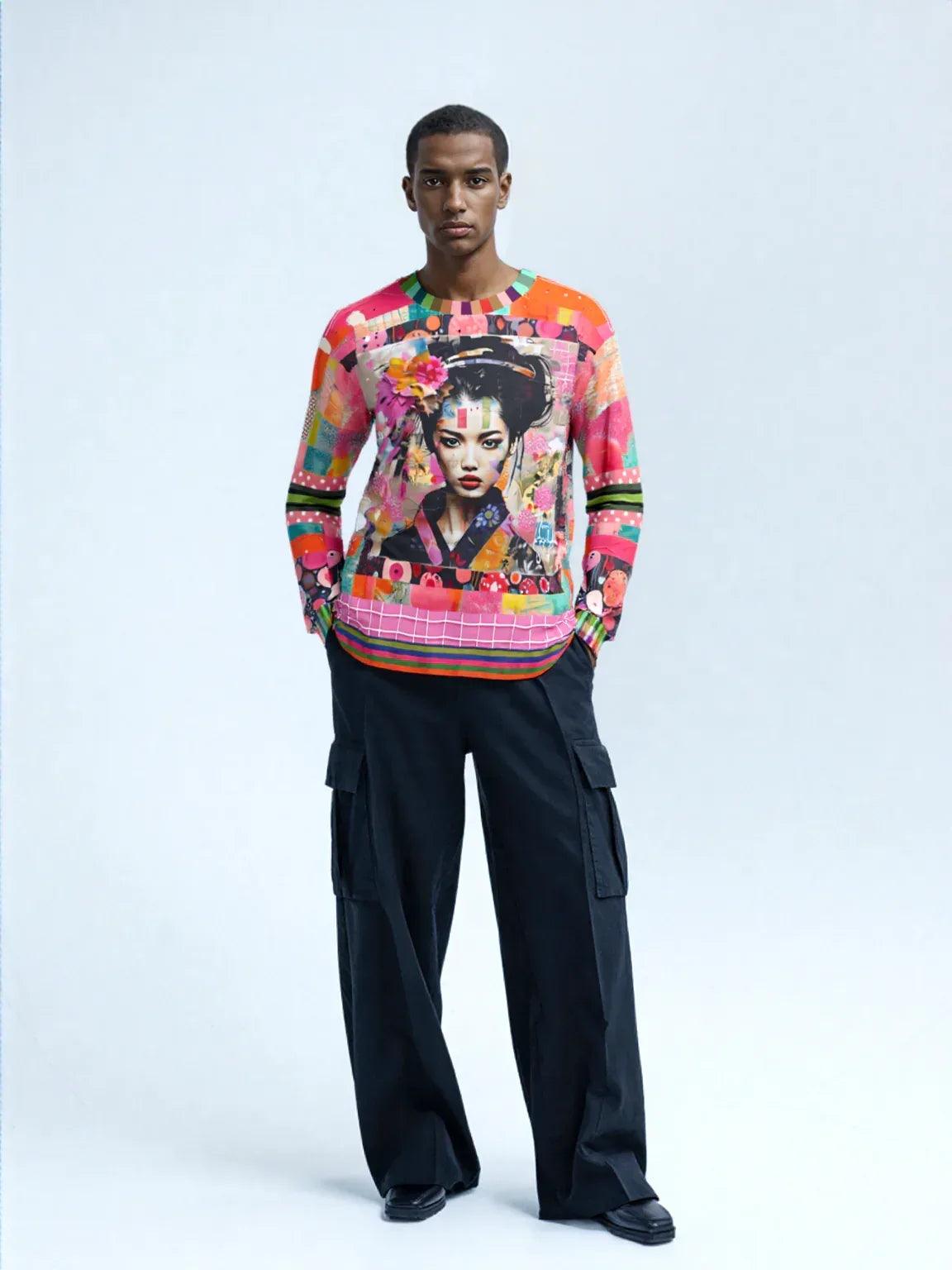China Girl in Pink Mixed Media Patchwork Print Unisex Sweatshirt (Gold Label)