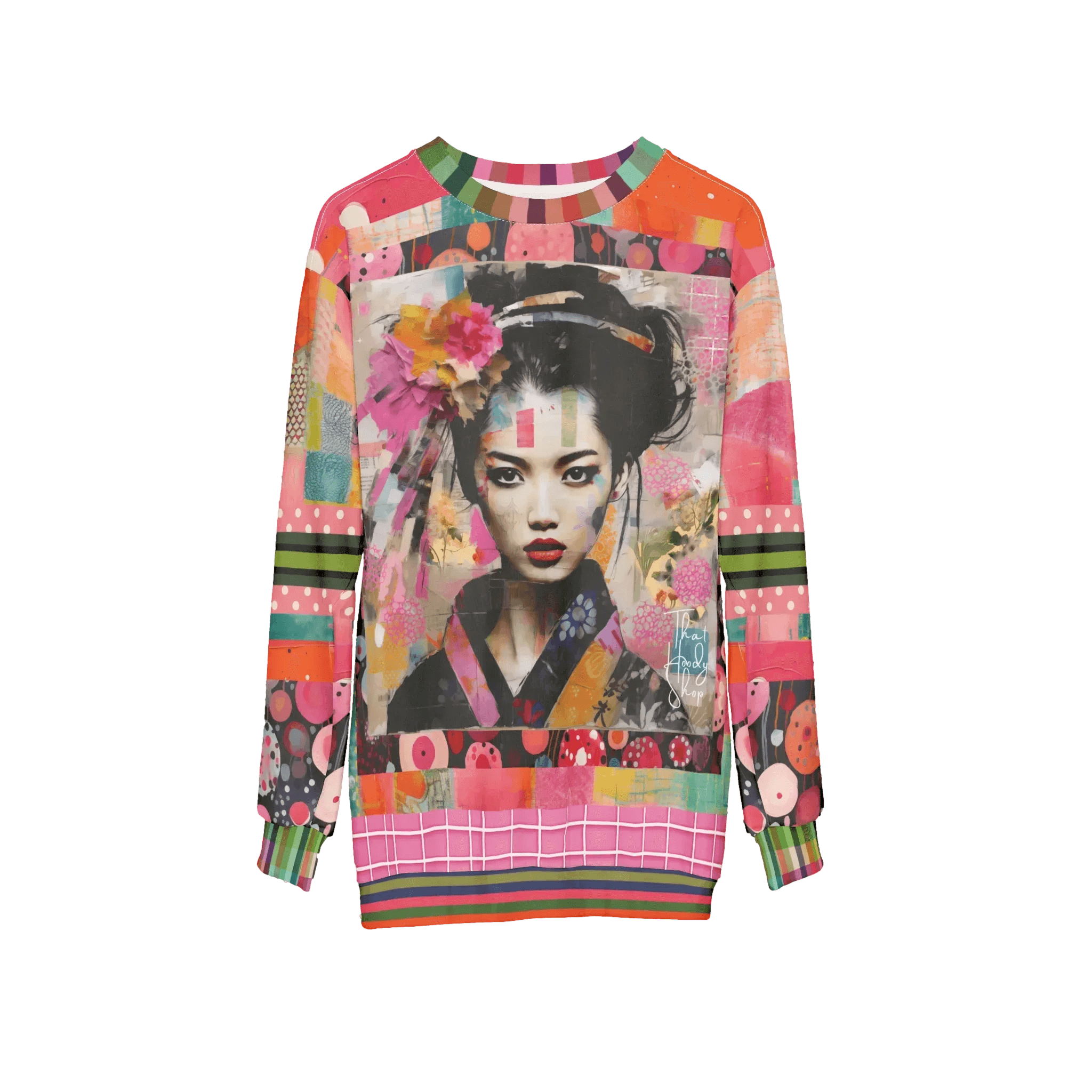 China Girl in Pink Mixed Media Patchwork Print Unisex Sweatshirt (Gold Label)
