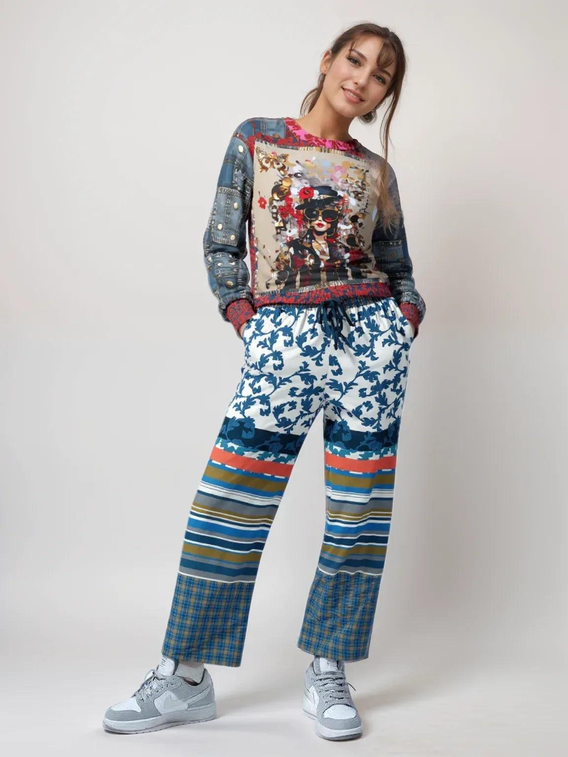 City Girl on Edge Steampunk Style Denim Patchwork Print Unisex Sweatshirt (Gold Label)