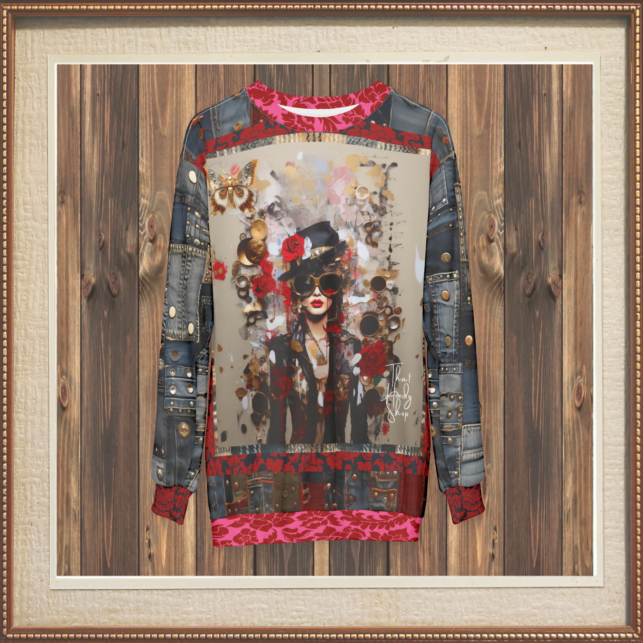 City Girl on Edge Steampunk Style Denim Patchwork Print Unisex Sweatshirt (Gold Label)