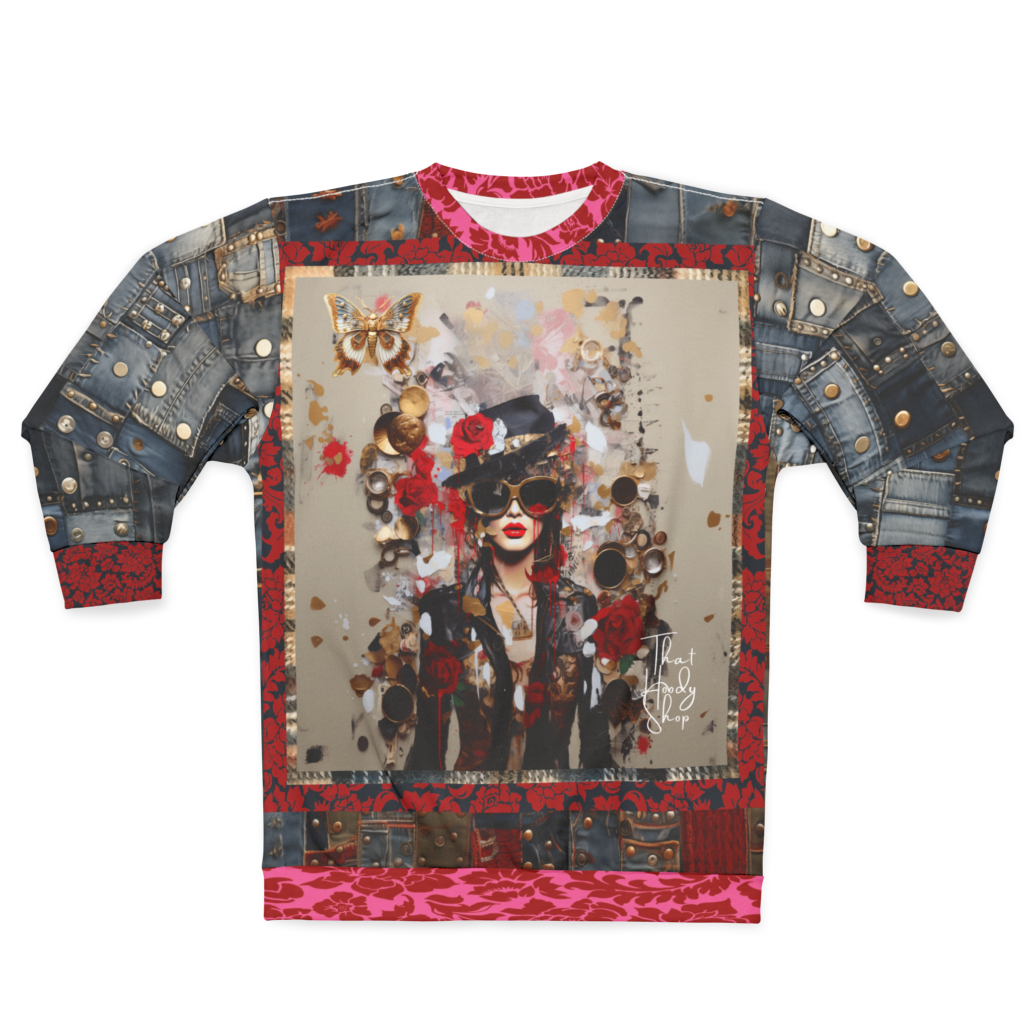 City Girl on Edge Steampunk Style Denim Patchwork Print Unisex Sweatshirt (Gold Label)
