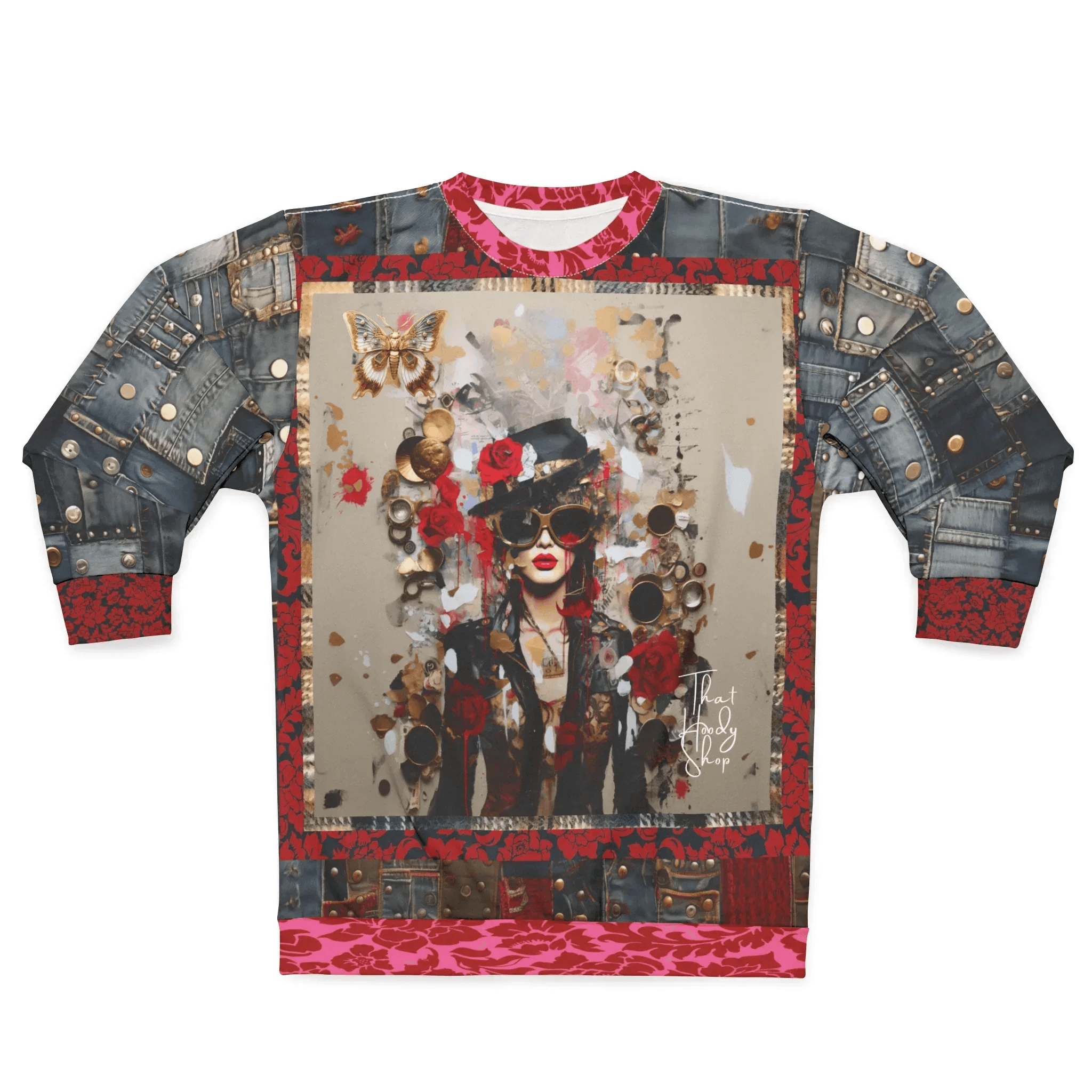 City Girl on Edge Steampunk Style Denim Patchwork Print Unisex Sweatshirt (Gold Label)