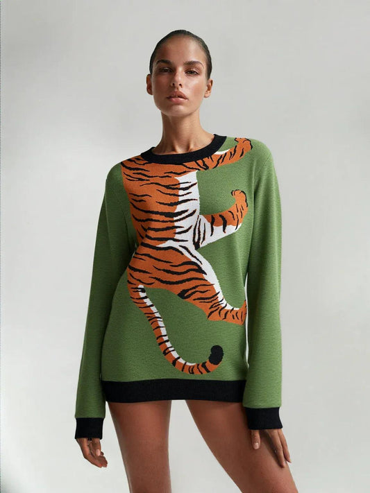 Climbing to the Top in Green Knitted Crewneck Sweater