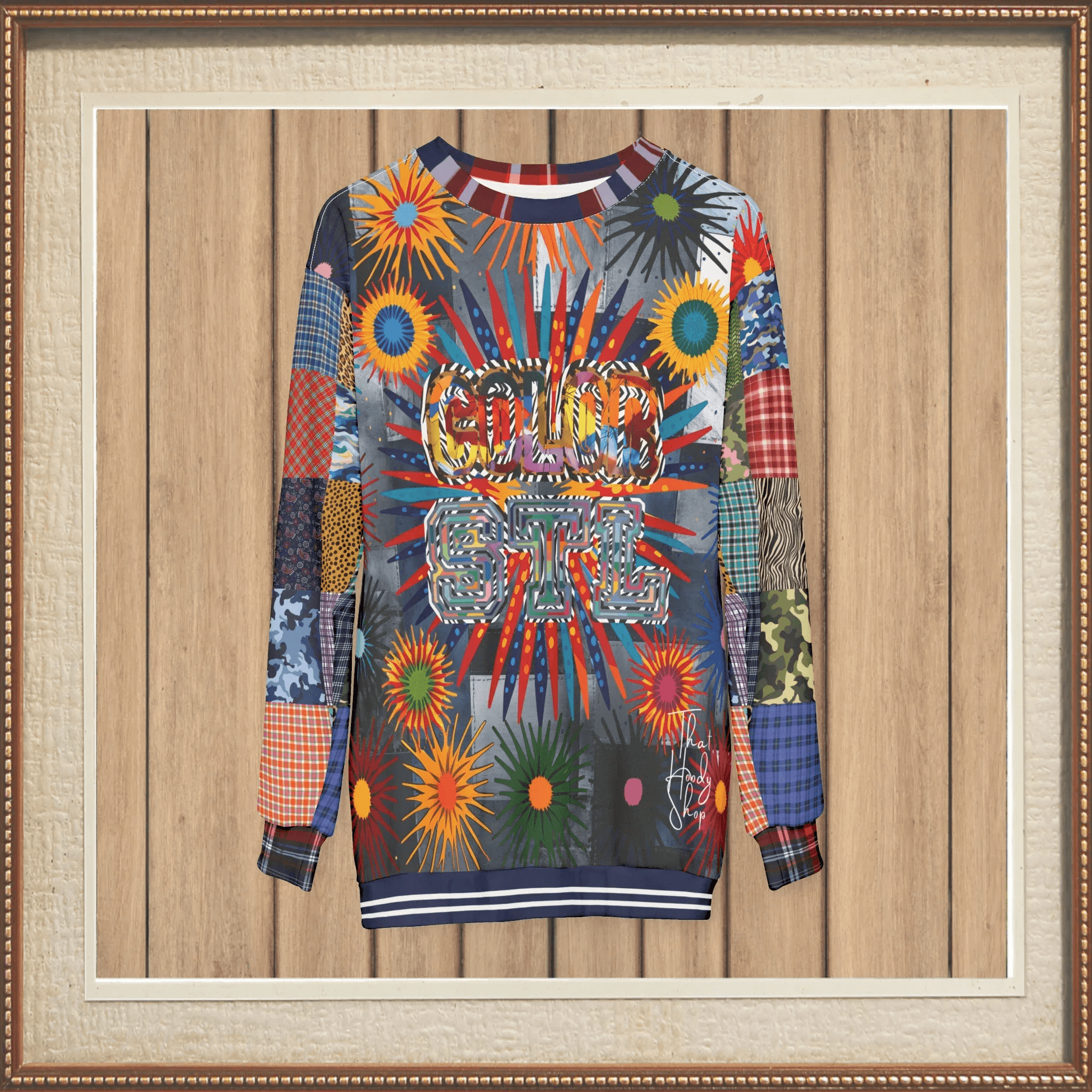 Color Revolution Denim Patchwork Print Unisex Sweatshirt (Gold Label)