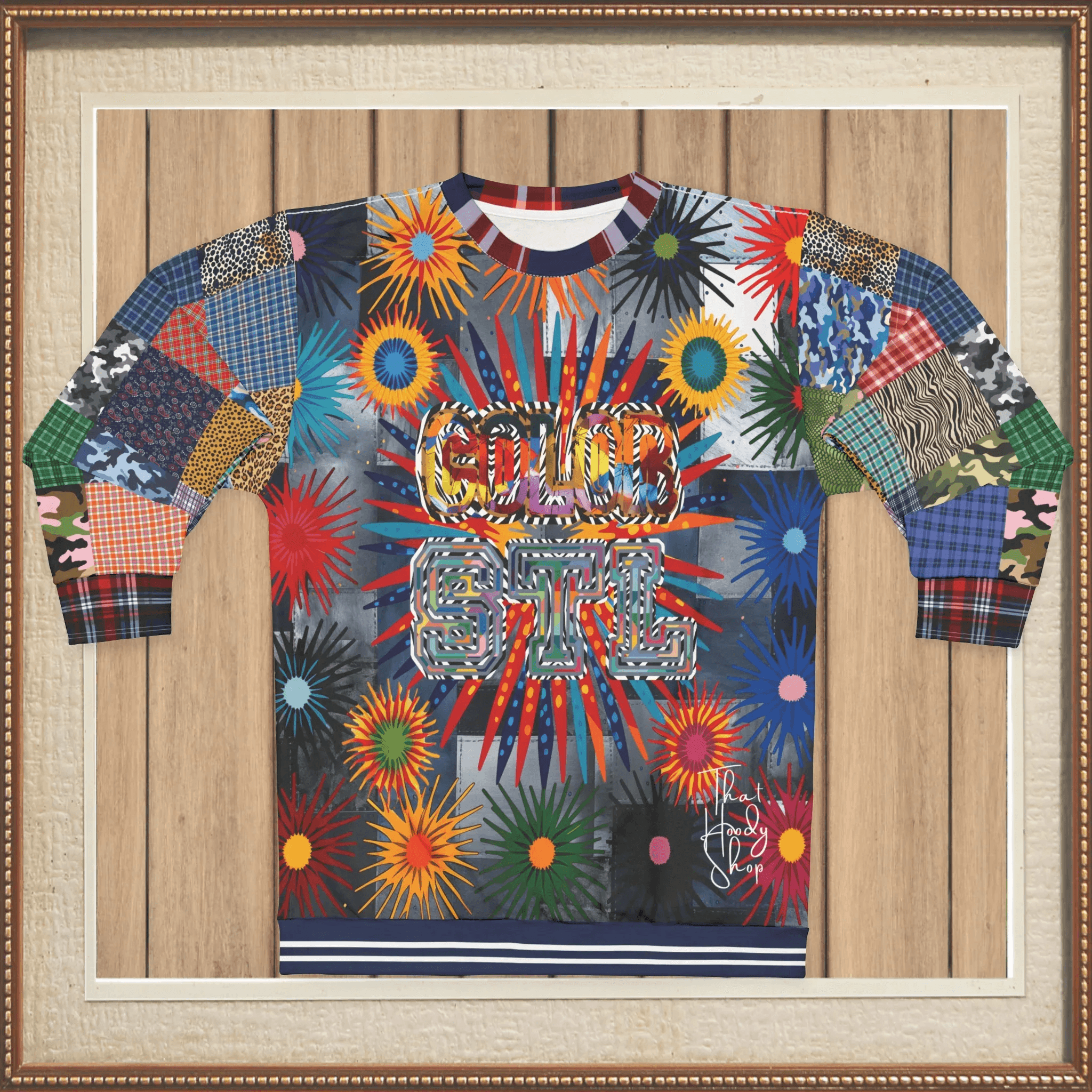 Color Revolution Denim Patchwork Print Unisex Sweatshirt (Gold Label)
