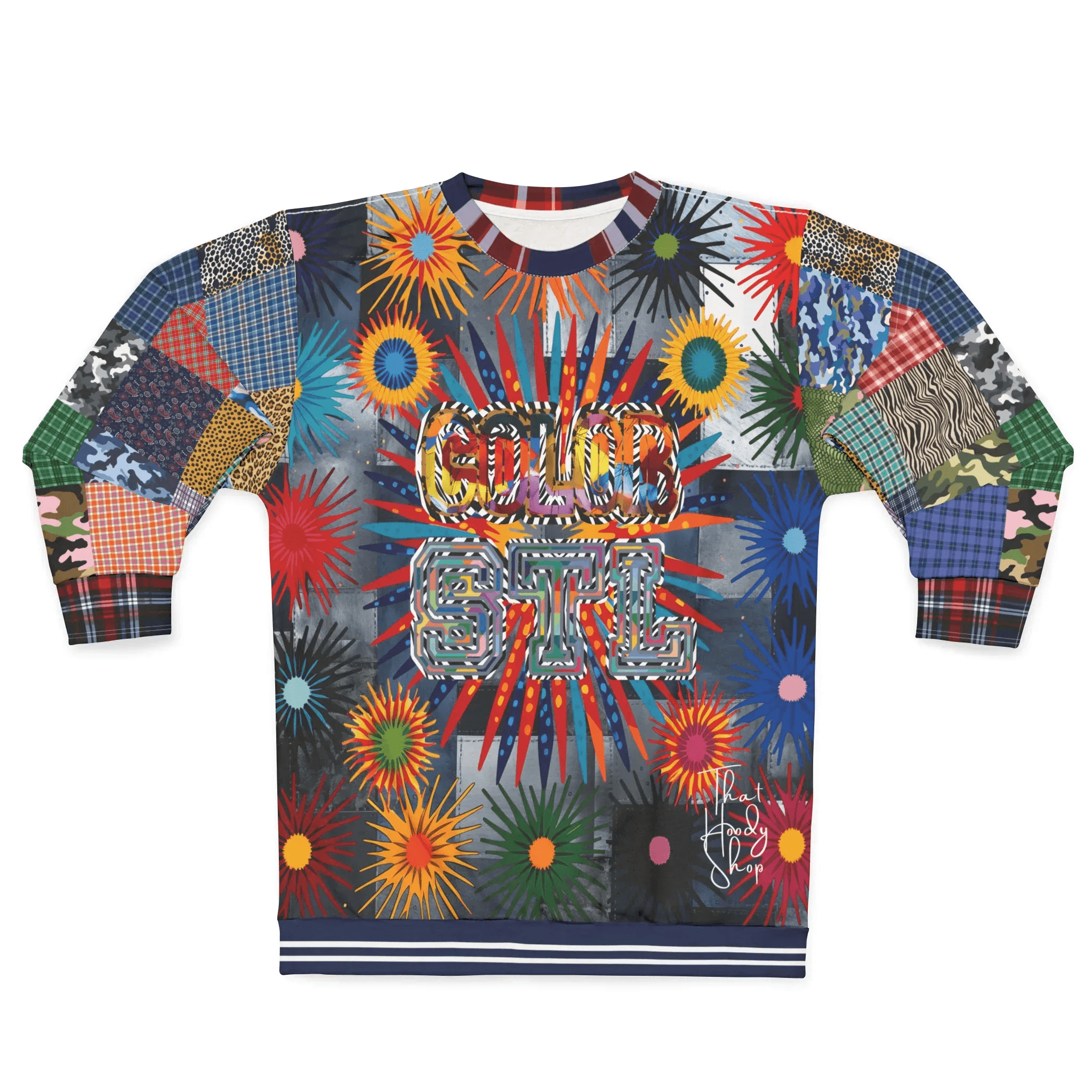 Color Revolution Denim Patchwork Print Unisex Sweatshirt (Gold Label)