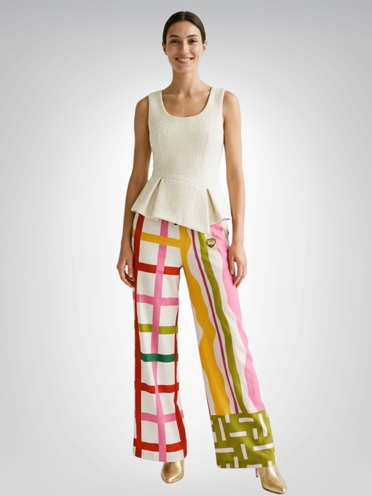 Colorful Ribbon Riot in Plaid and Stripe Eco-Poly Wide Leg Pants