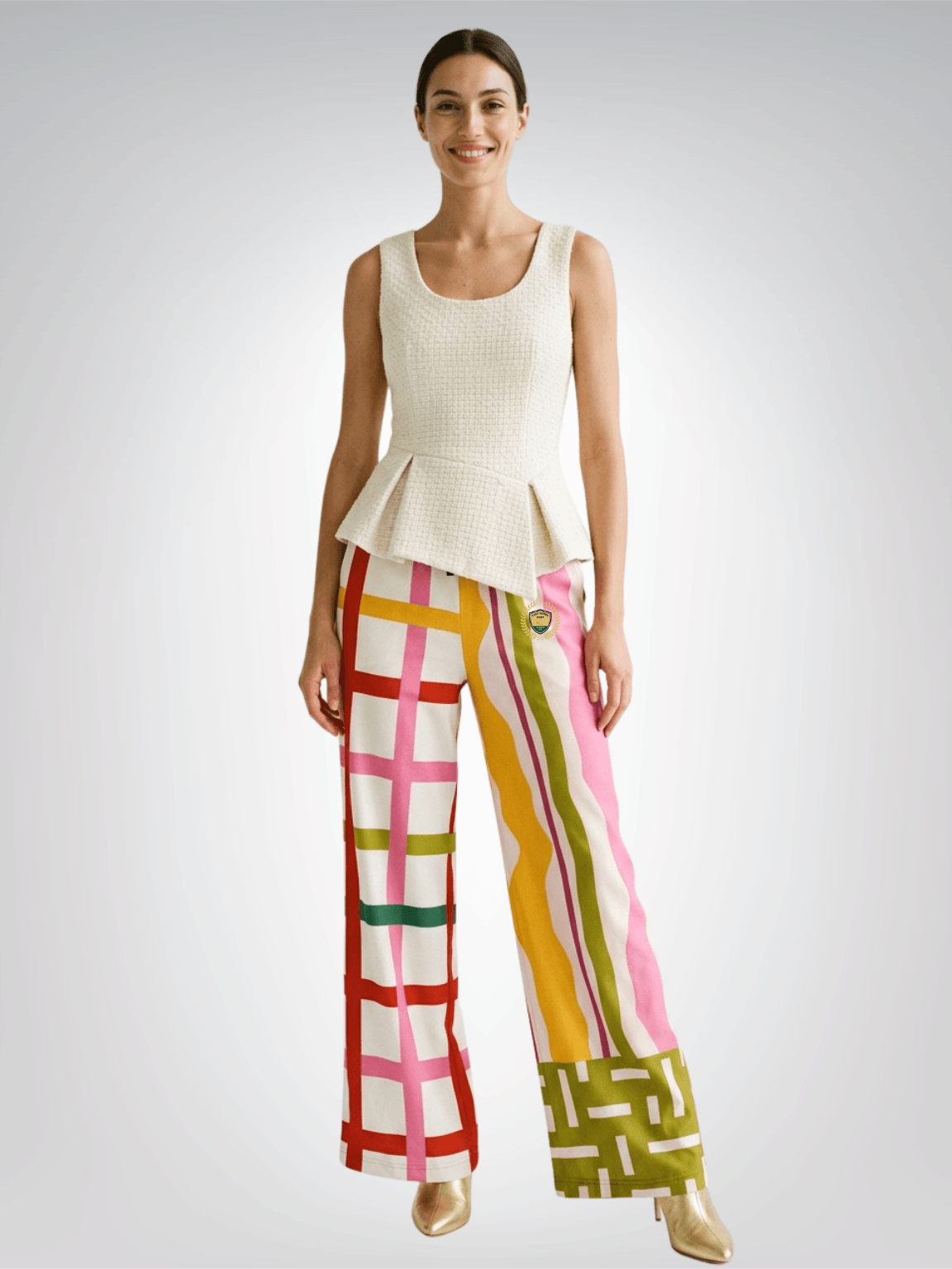 Colorful Ribbon Riot in Plaid and Stripe Eco-Poly Wide Leg Pants
