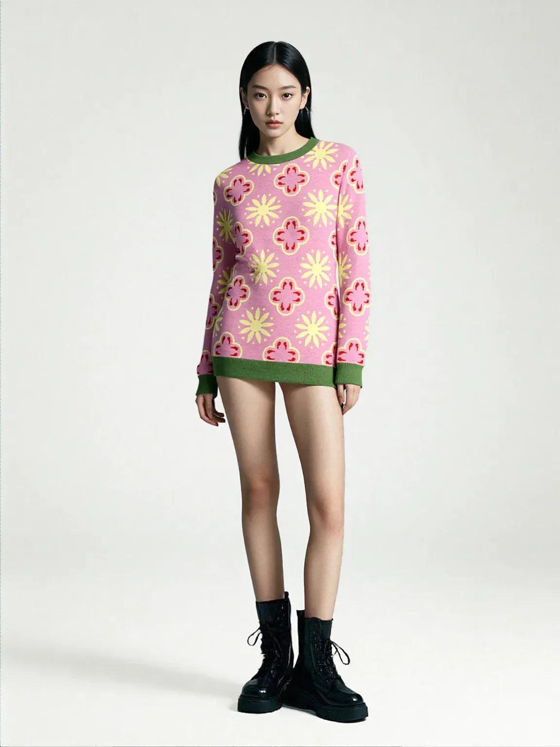 Coming Up Flowers in Pink Knitted Crewneck Sweater