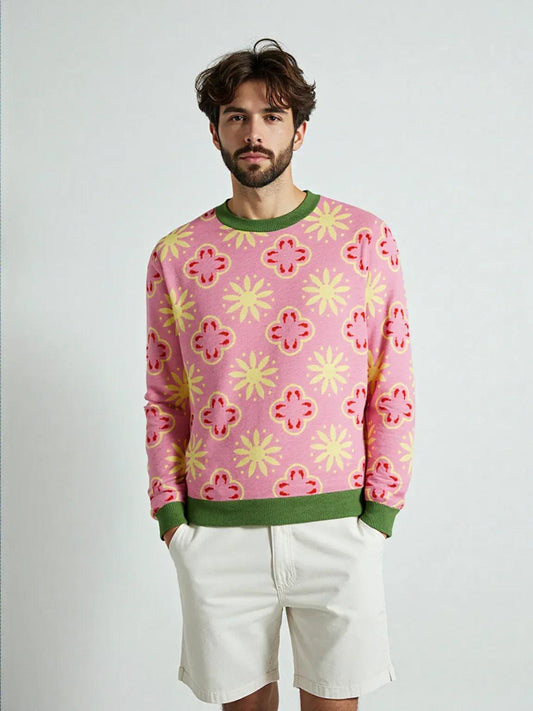 Coming Up Flowers in Pink Knitted Crewneck Sweater