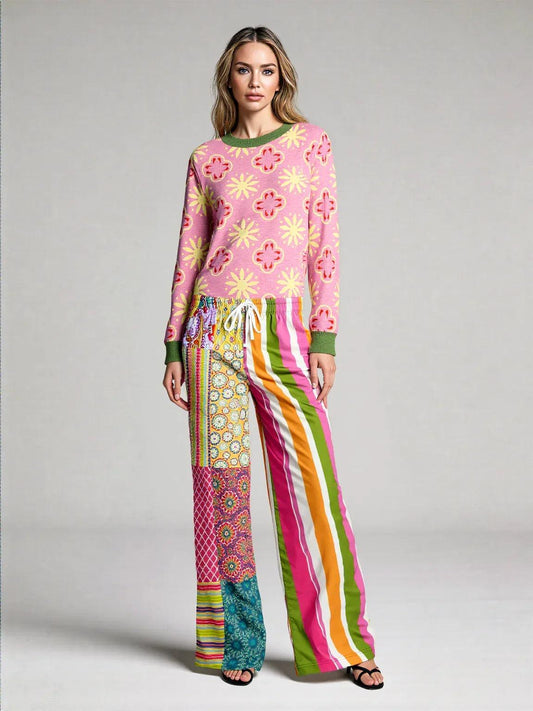 Coming Up Flowers in Pink Knitted Crewneck Sweater