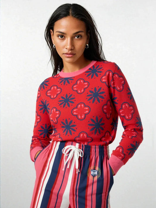 Coming Up Flowers in Red Knitted Crewneck Sweater