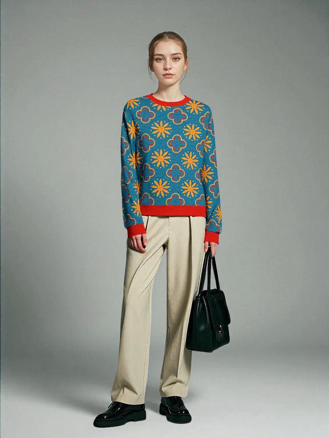 Coming Up Flowers in Teal Blue Knitted Crewneck Sweater
