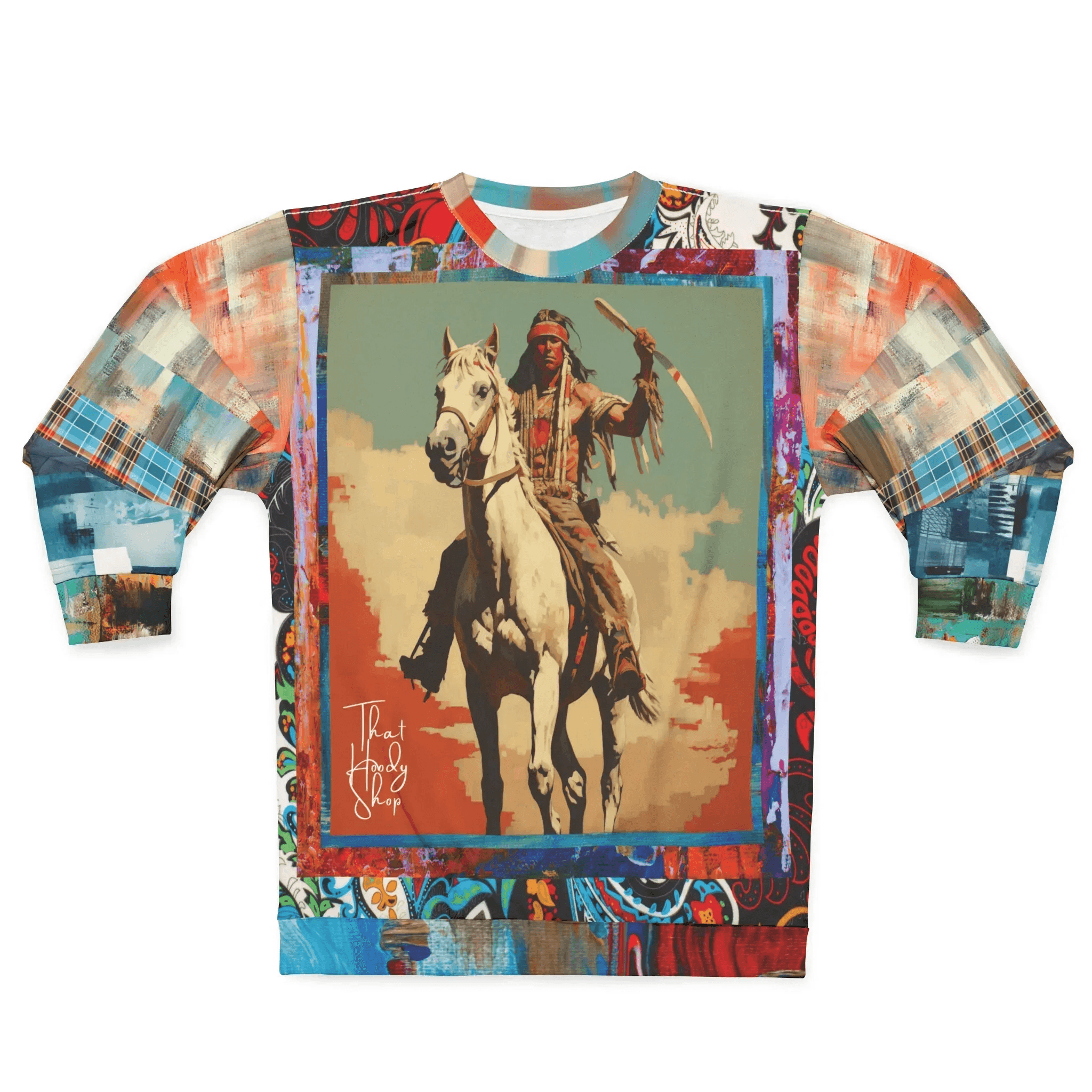 Comanche Warrior of the Great Plains Patchwork Print Unisex Sweatshirt (Gold Label)