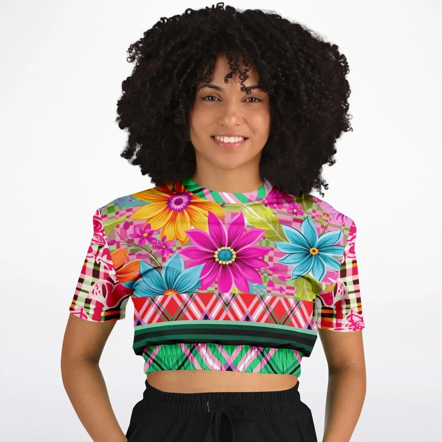Cool Pink Jubilee Red Plaid Eco-Poly Short Sleeve Cropped Pullover