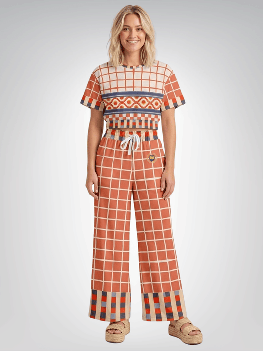Coral Reef Windowpane Plaid Eco-Poly Wide Leg Pants