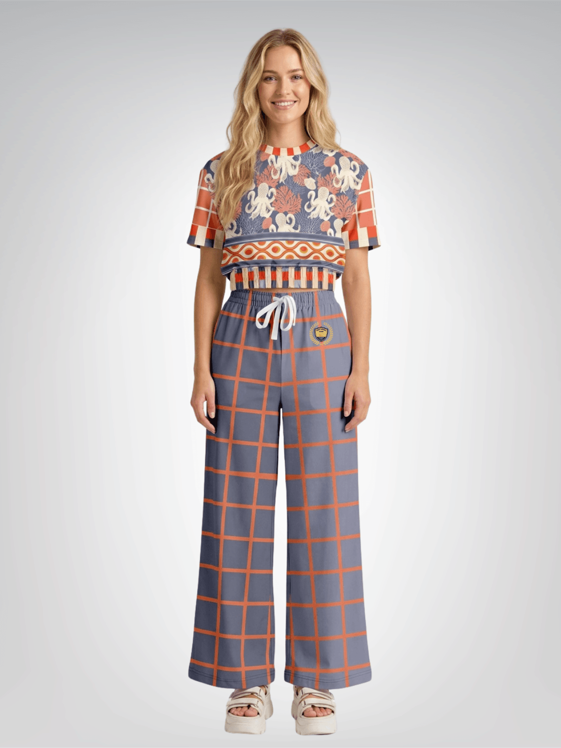 Coral Reef Secret Society Purple Windowpane Eco-Poly Wide Leg Pants