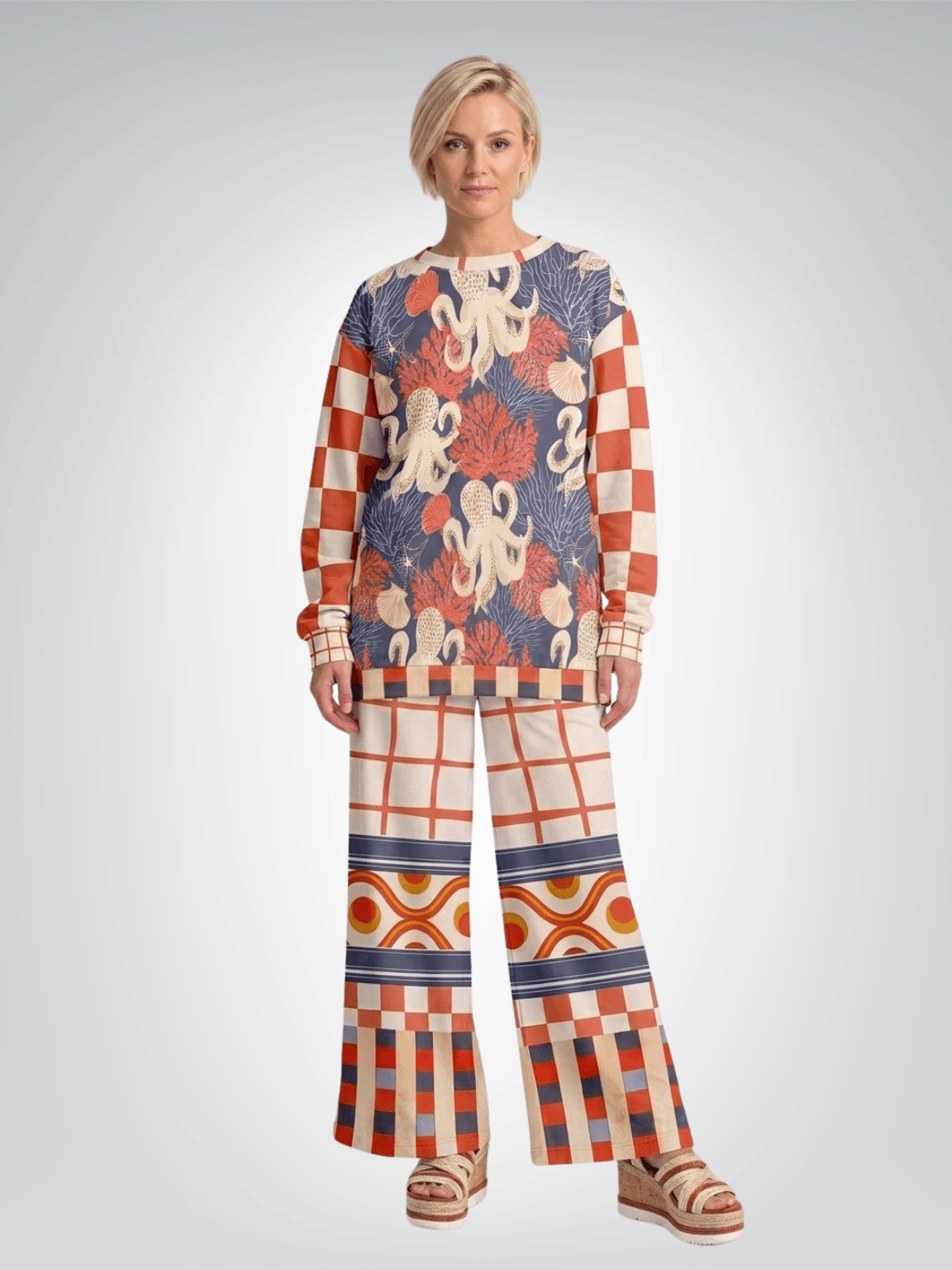 Coral Reef Secret Society Windowpane Plaid Eco-Poly Wide Leg Pants