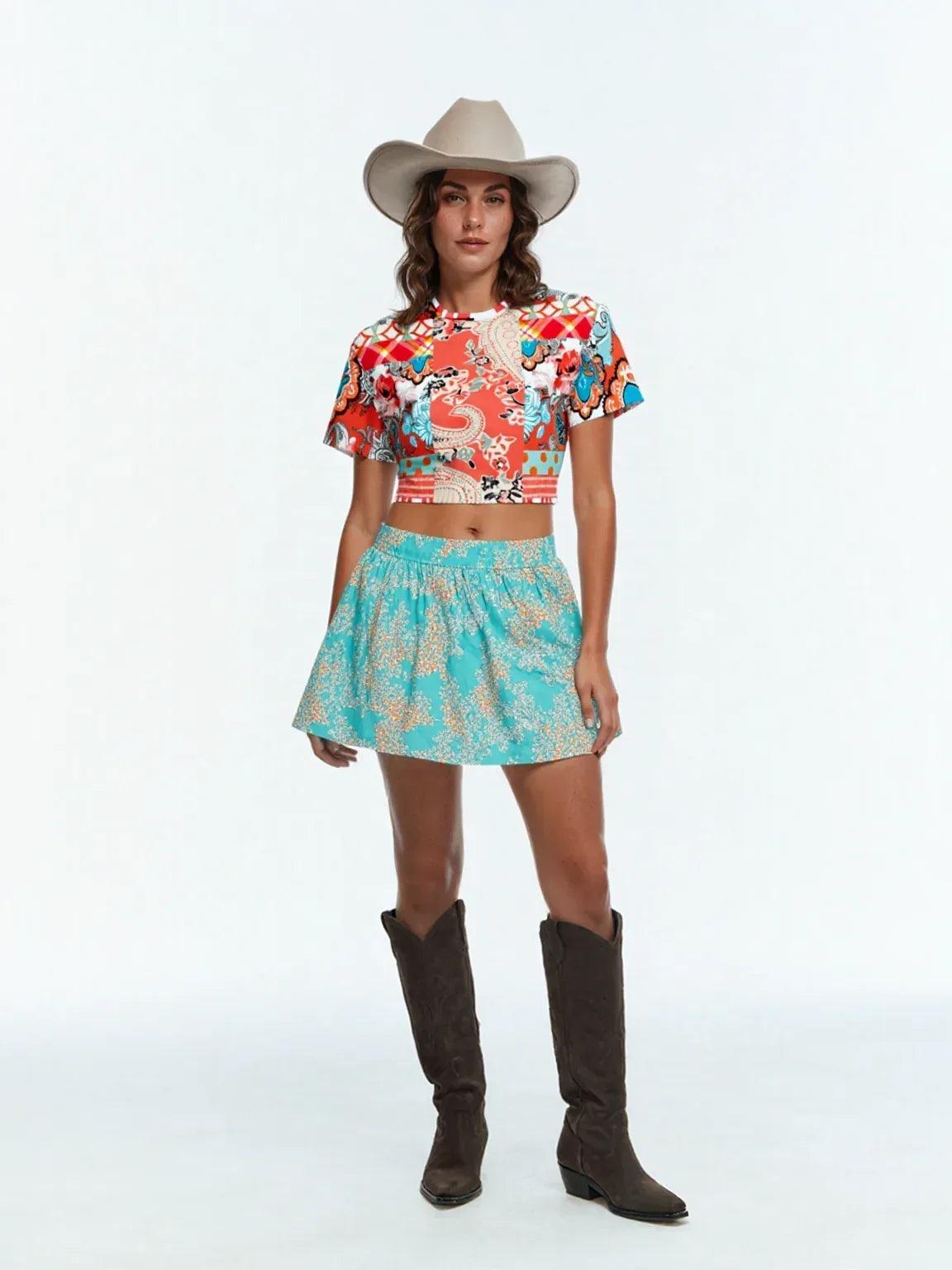 Coral Springs Hippie Patchwork Eco-Poly Short Sleeve Cropped Pullover
