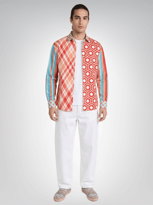 Coral Springs Retro Plaid Geo Patchwork Long Sleeve Button Down Shirt