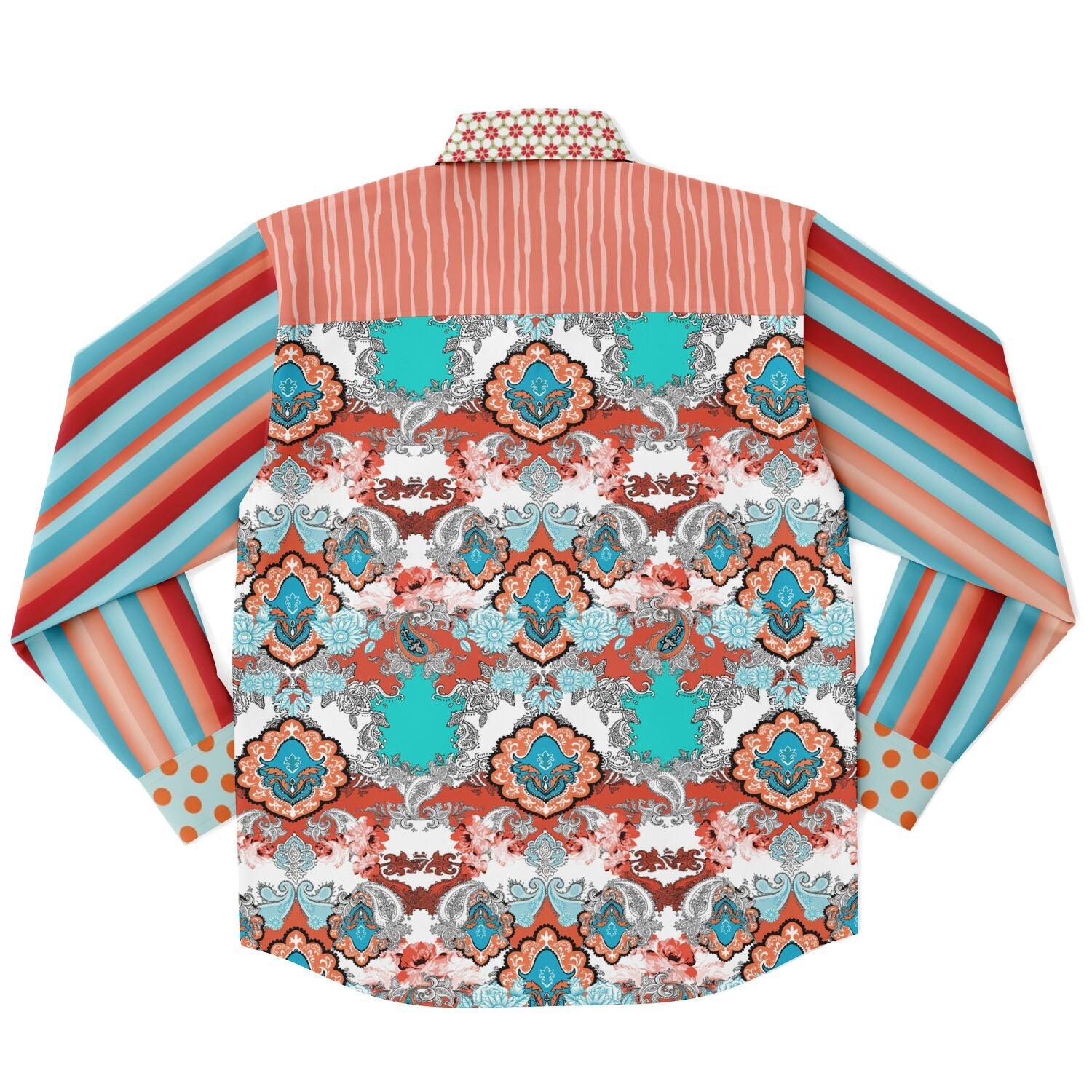 Coral Springs Retro Plaid Geo Patchwork Long Sleeve Button Down Shirt