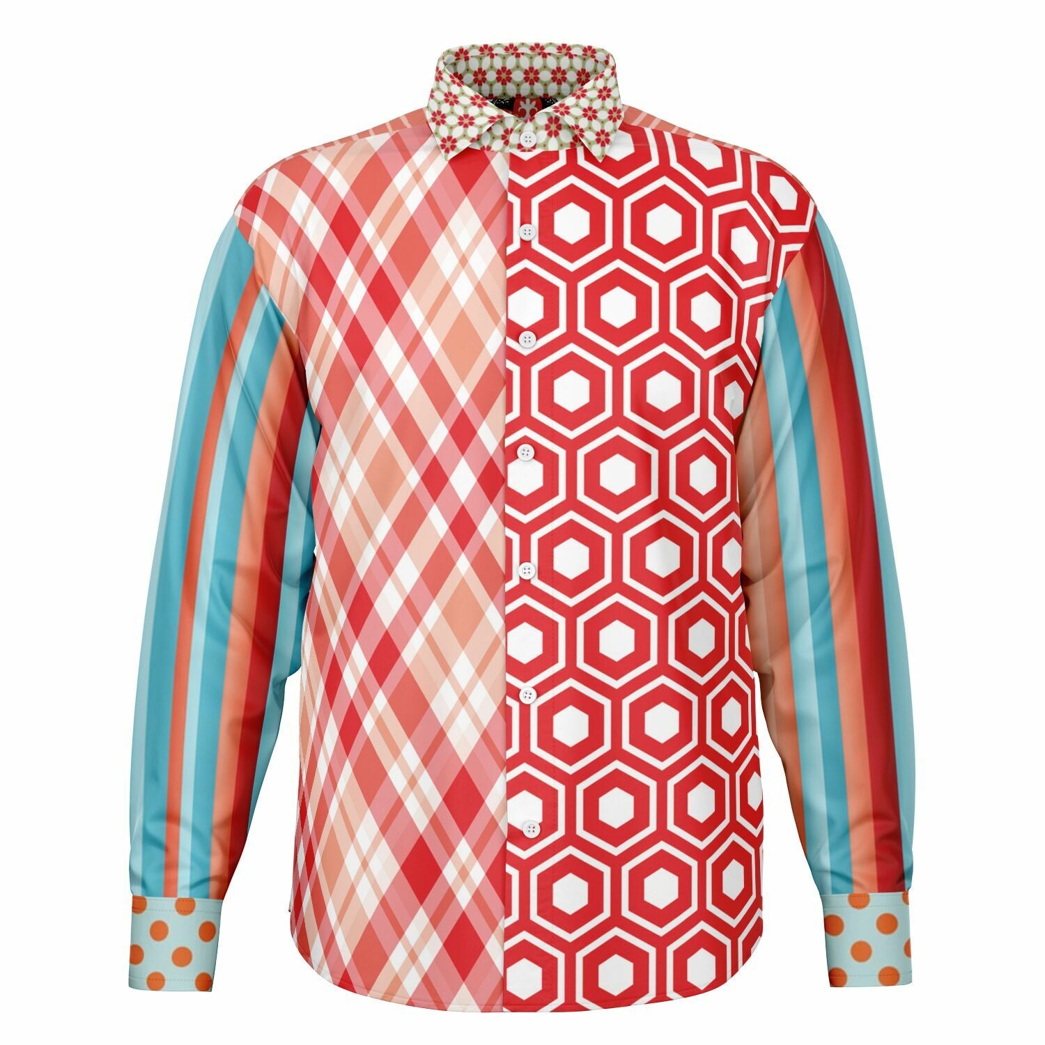 Coral Springs Retro Plaid Geo Patchwork Long Sleeve Button Down Shirt