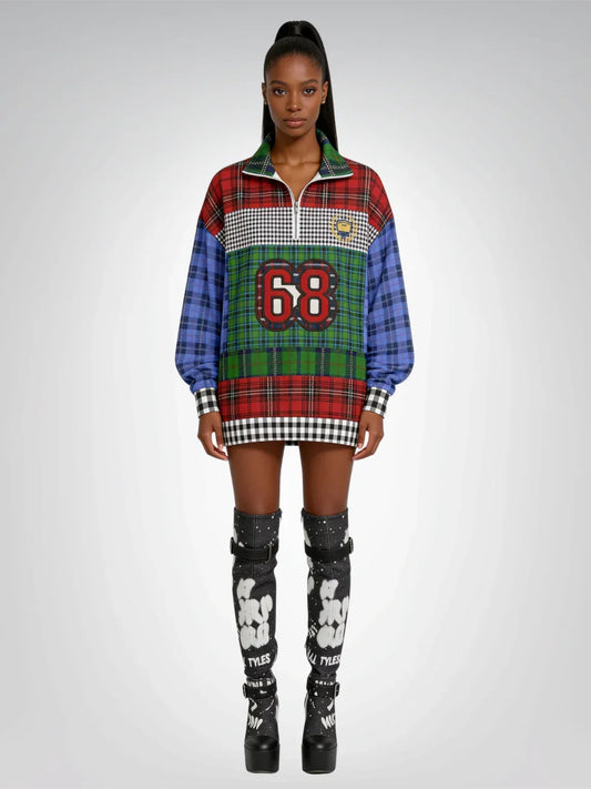 Crazy About Plaid in Patchwork Heavyweight Oversized Quarter Zip Sweatshirt