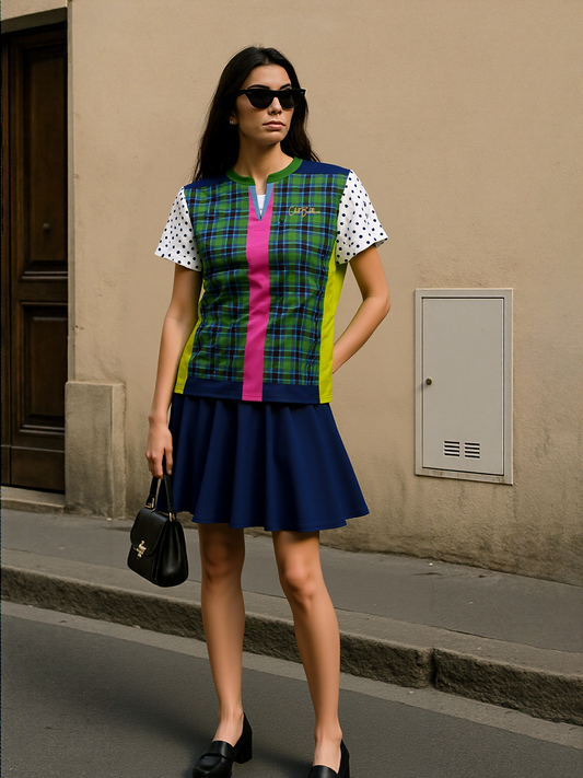 Criss Cross Golf in Green Tartan Plaid Mandarin Collar Ladies Golf Polo Jersey