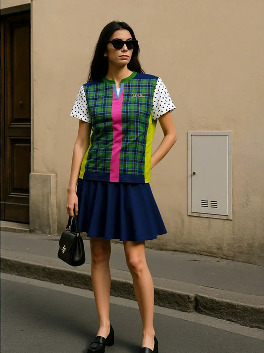 Criss Cross Golf in Green Tartan Plaid Mandarin Collar Ladies Golf Polo Jersey