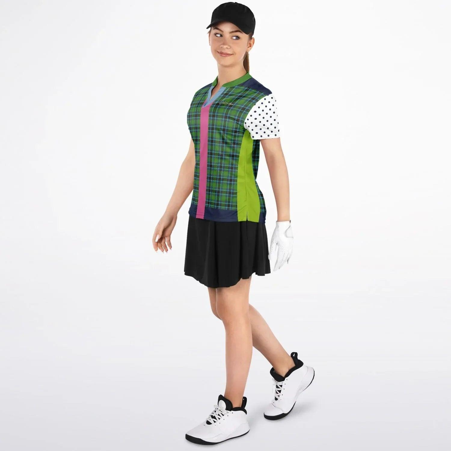 Criss Cross Golf in Green Tartan Plaid Mandarin Collar Ladies Golf Polo Jersey