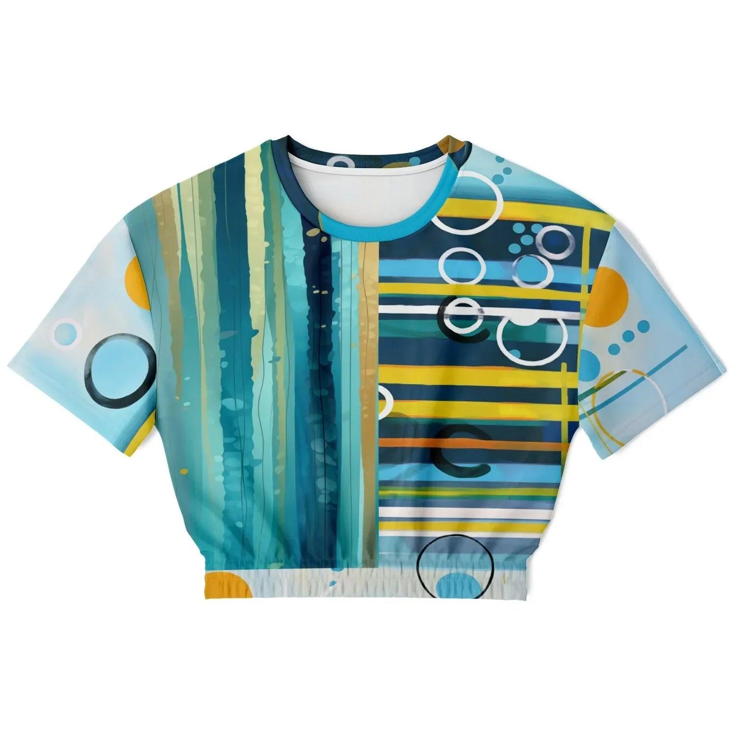 Greek Isles Blue Geometric Eco-Poly Short Sleeve Cropped Pullover