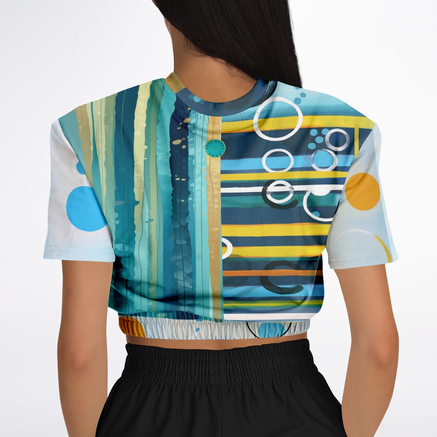 Greek Isles Blue Geometric Eco-Poly Short Sleeve Cropped Pullover