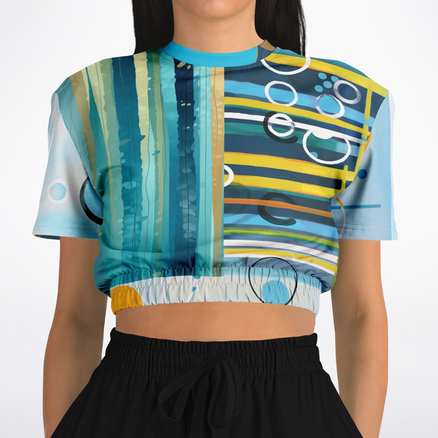 Greek Isles Blue Geometric Eco-Poly Short Sleeve Cropped Pullover