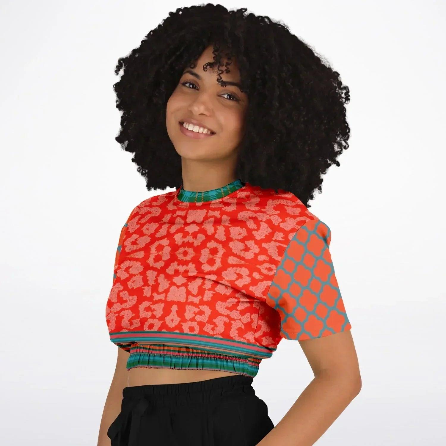 Zen Blossom in Orange and Green Asian Floral Eco-Poly Cropped Pullover