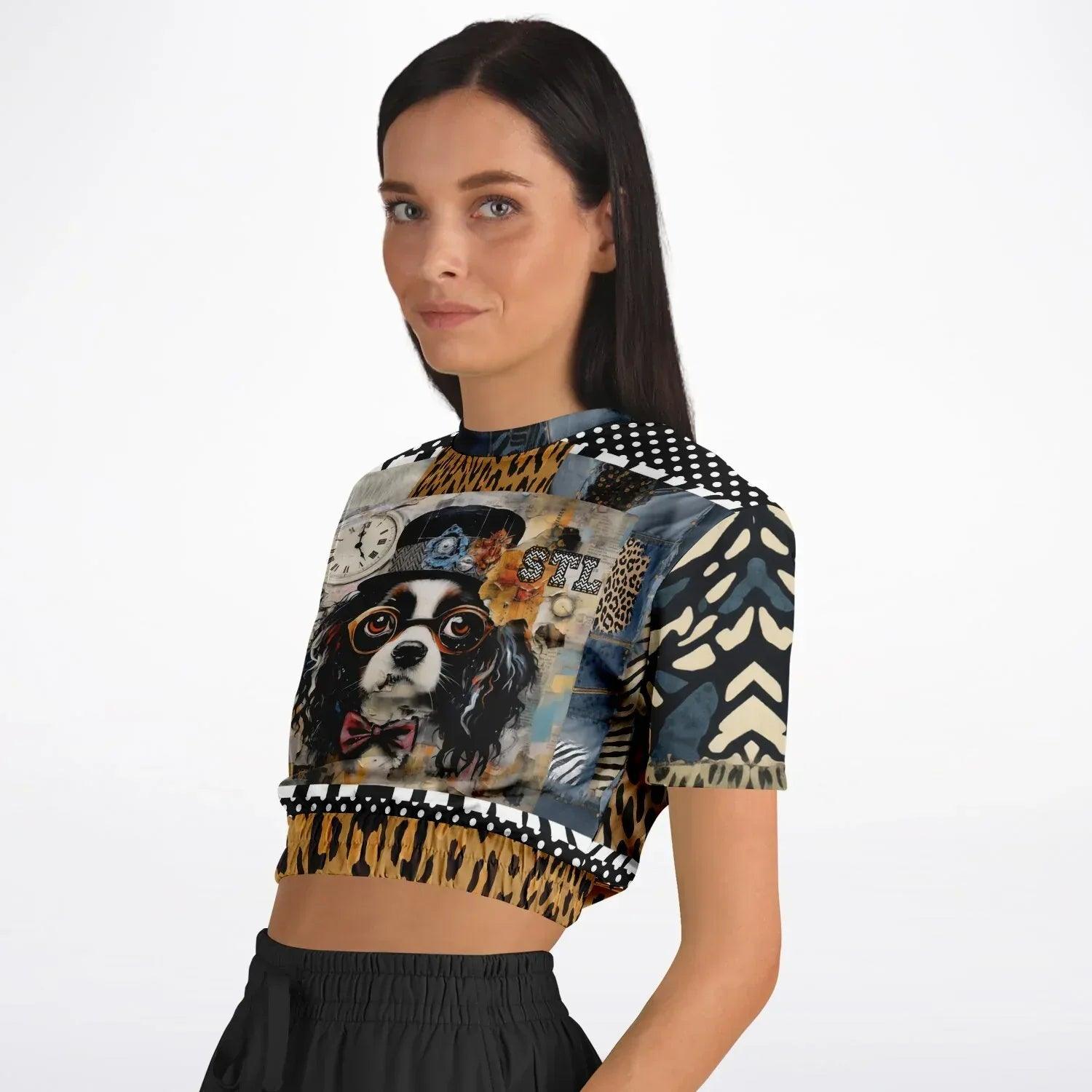Curly Magoo Wild Denim Patchwork Eco-Poly Short Sleeve Cropped Pullover