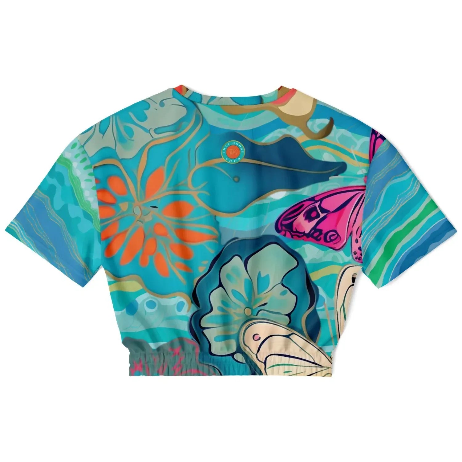 Bahamian Blue Waves Butterfly Eco-Poly Short Sleeve Cropped Pullover