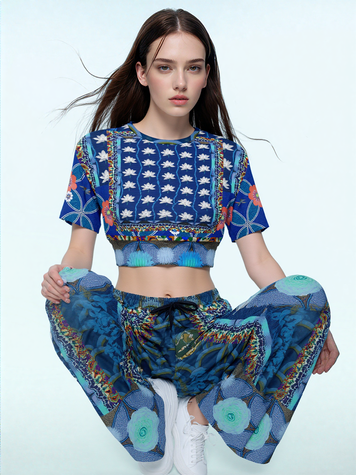 Dahlia Lama Lotus Flower Print Eco-Poly Short Sleeve Cropped Pullover