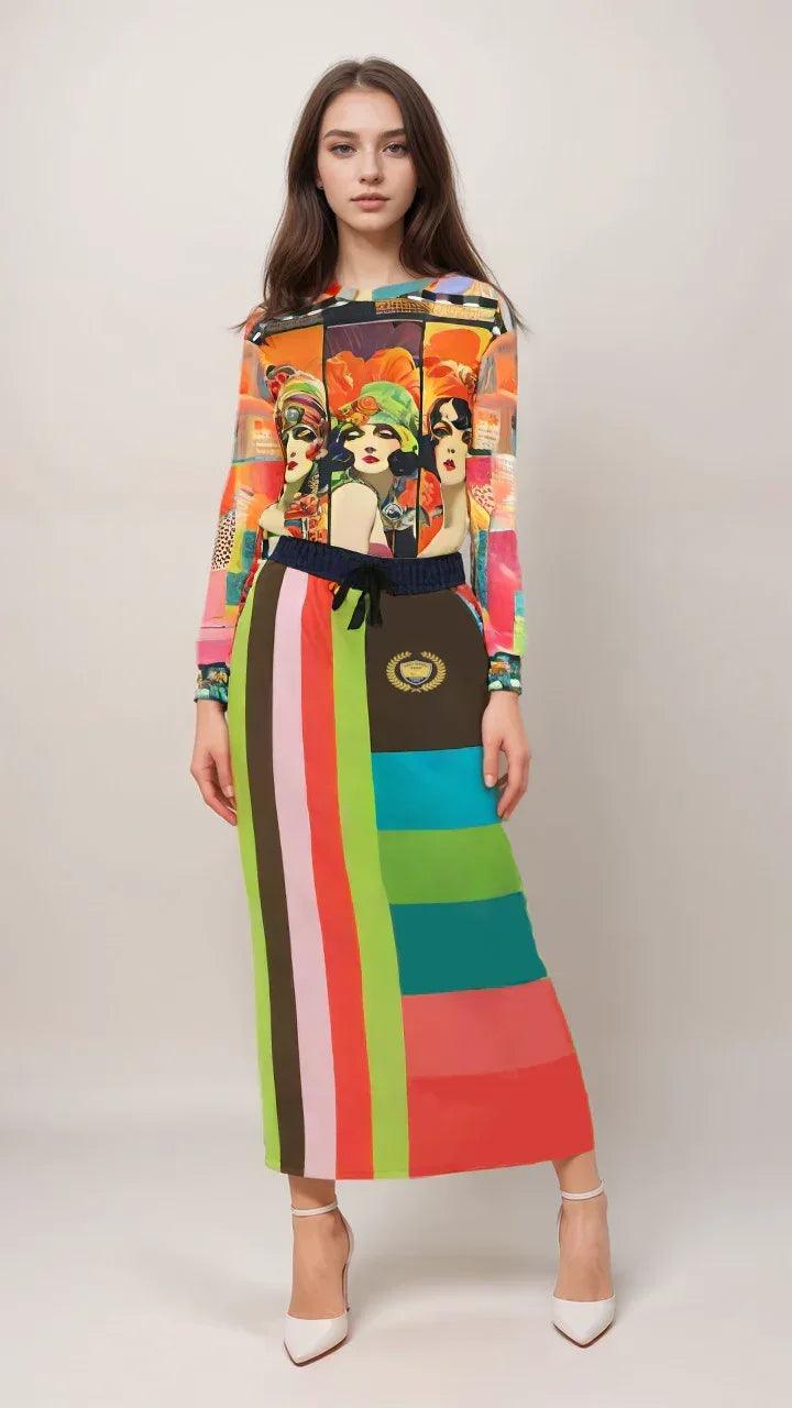 Watermelon Crush Rugby Stripe Eco-Poly Long Pocket Skirt