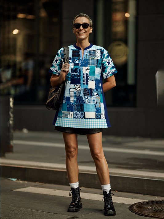 Turquoise Gingham Plaid Train to Georgia Mandarin Collar Ladies Golf Polo Jersey