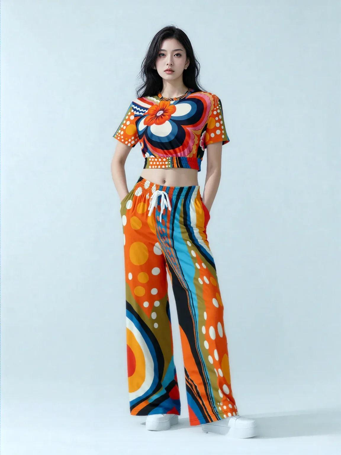Down Memory Lane Groovy 70s Print Eco-Poly Wide Leg Pants