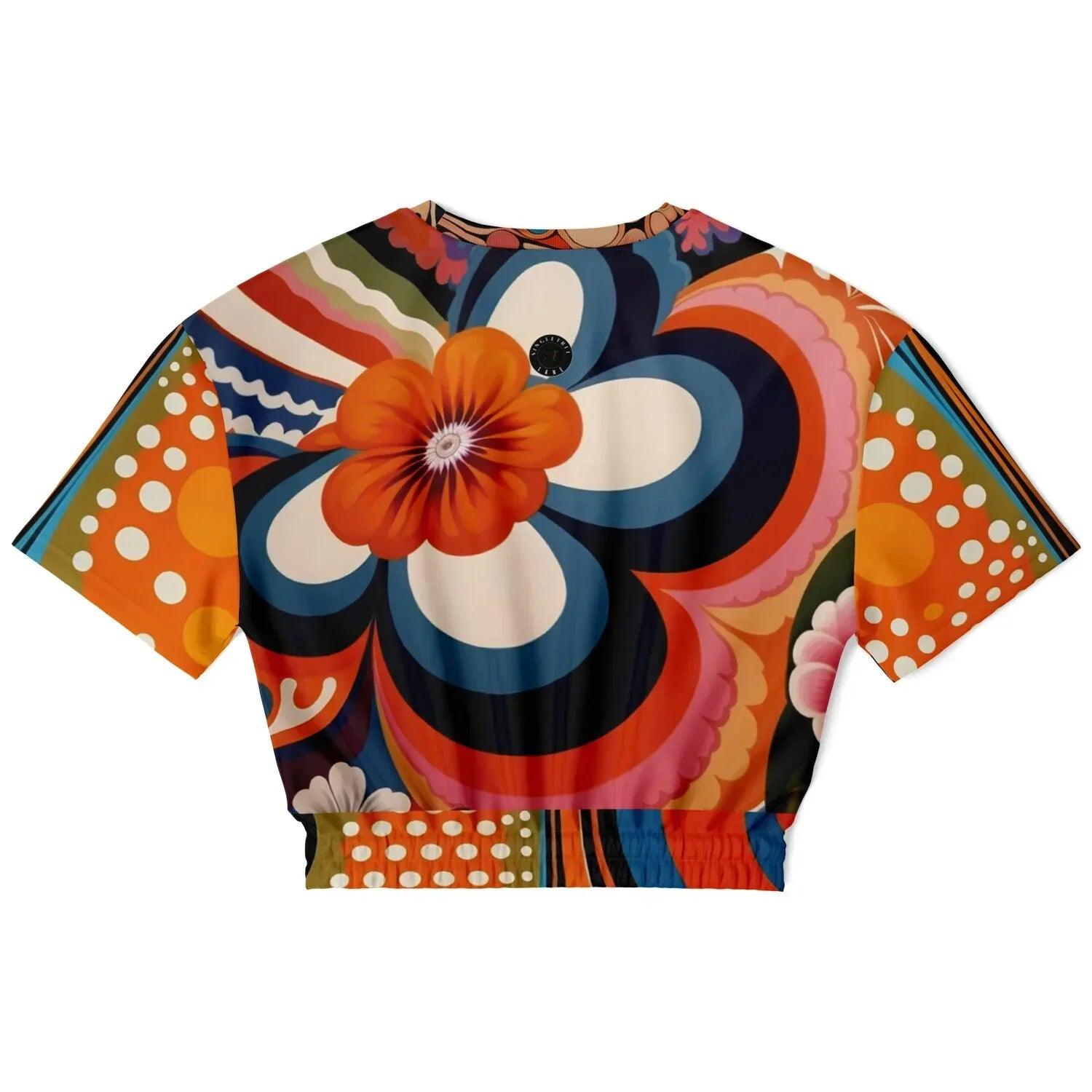 Down Memory Lane Groovy 70s Print Eco-Poly Short Sleeve Cropped Pullover