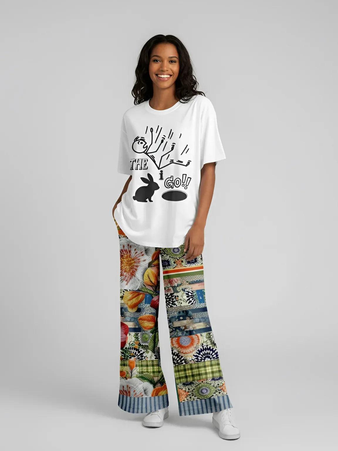 Wiosna - Janoszanka - Denim Floral Striped Patchwork Eco-Poly Wide Leg Pants