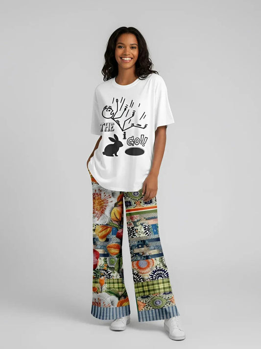 Wiosna - Janoszanka - Denim Floral Striped Patchwork Eco-Poly Wide Leg Pants