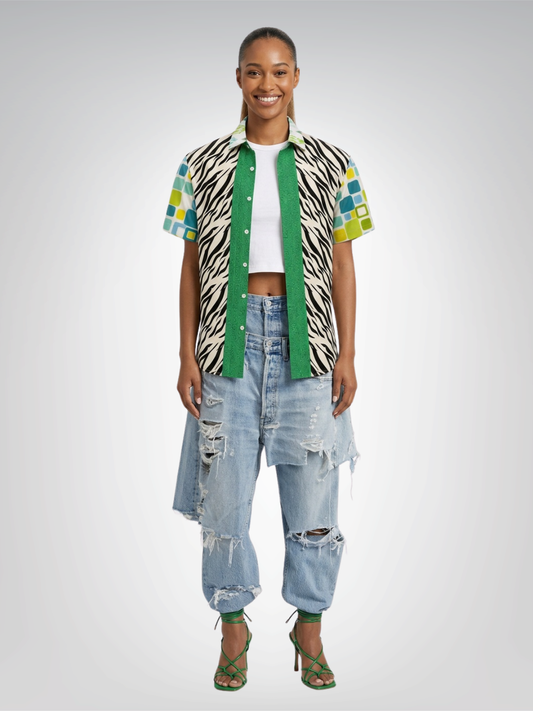 Dynamic Blue and Zebra Short Sleeve Button Down Shirt