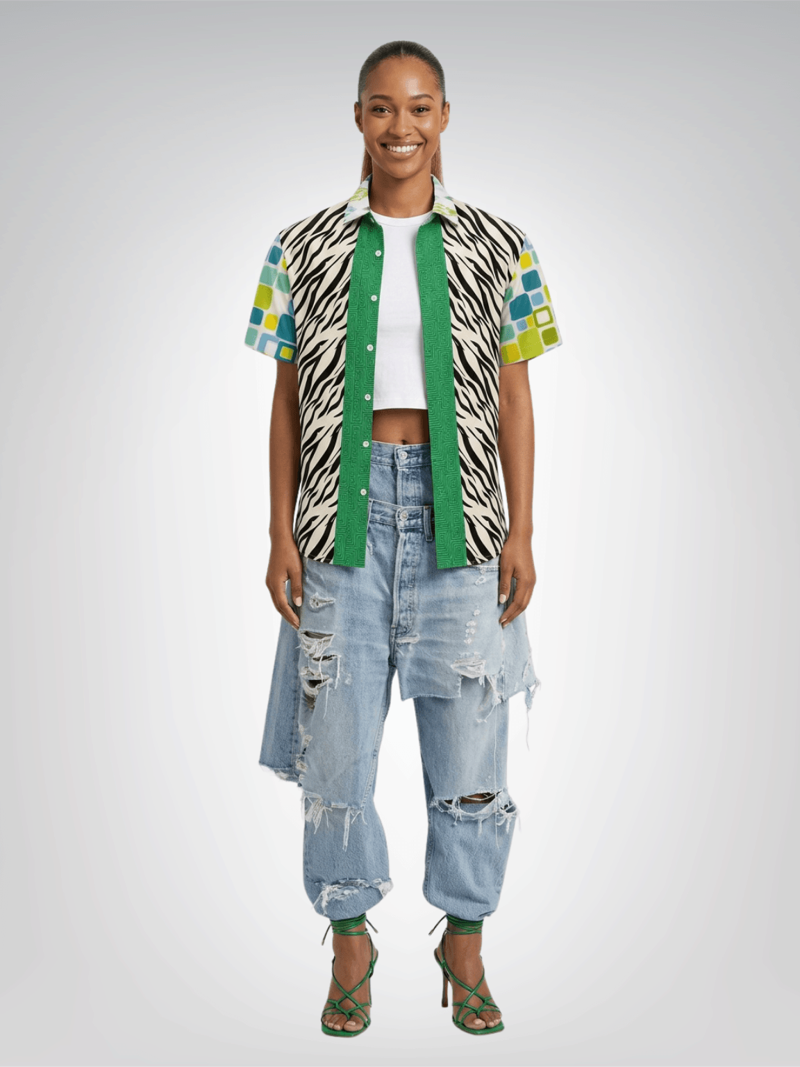 Dynamic Blue and Zebra Short Sleeve Button Down Shirt