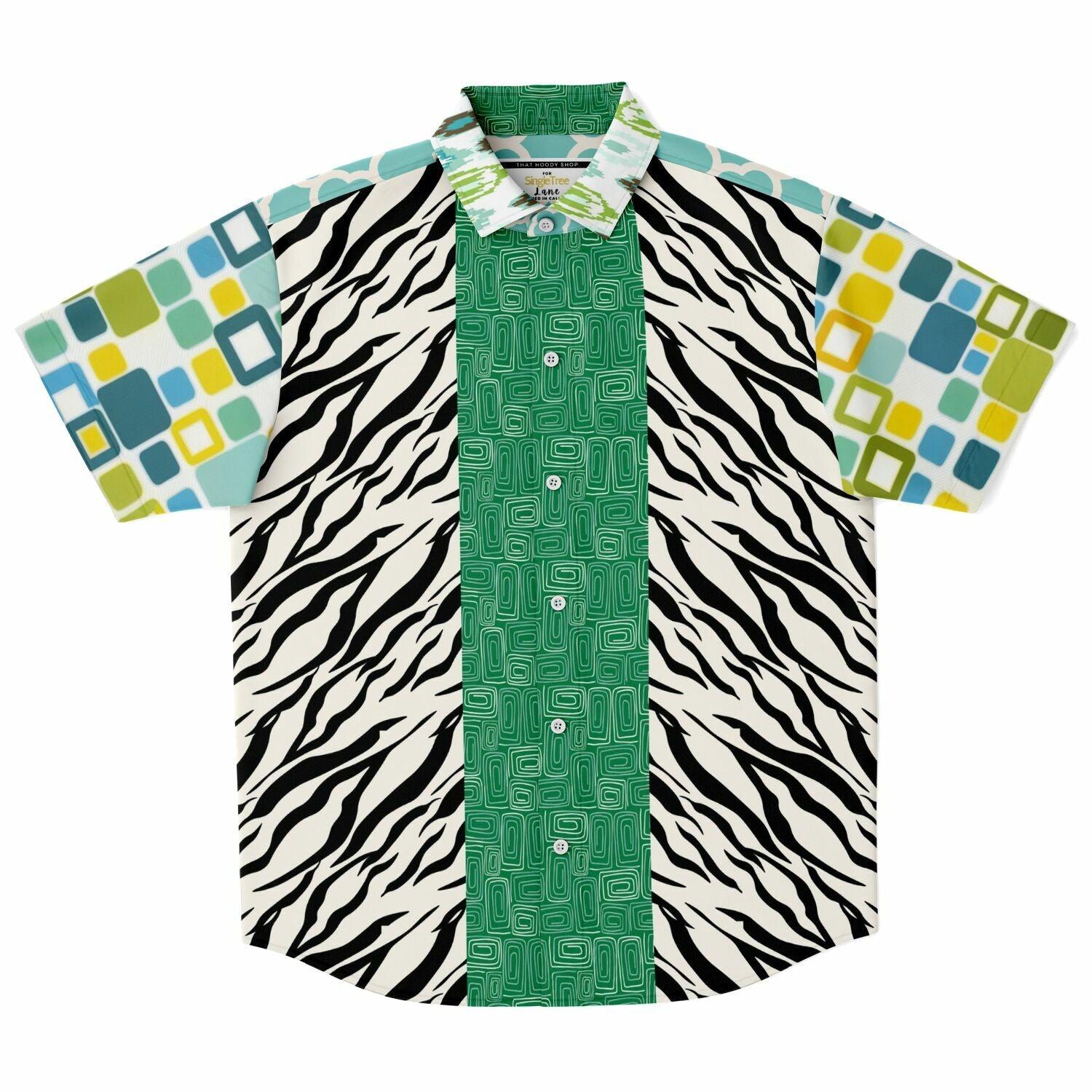 Dynamic Blue and Zebra Short Sleeve Button Down Shirt