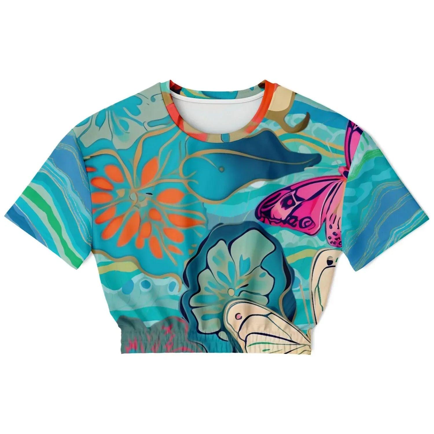 Bahamian Blue Waves Butterfly Eco-Poly Short Sleeve Cropped Pullover