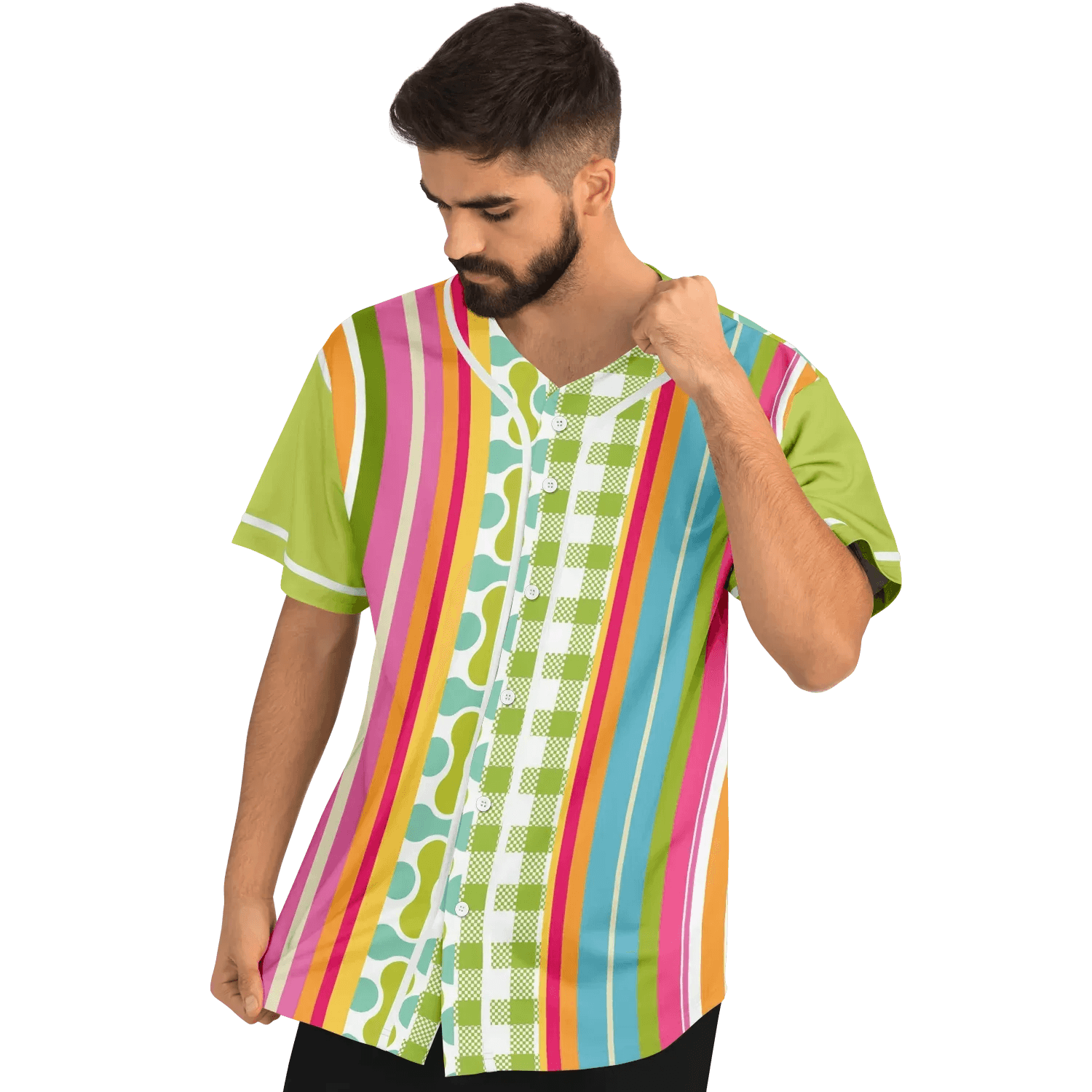 Green Anjou Pear Striped Patchwork Short Sleeve Eco-Poly Baseball Jersey